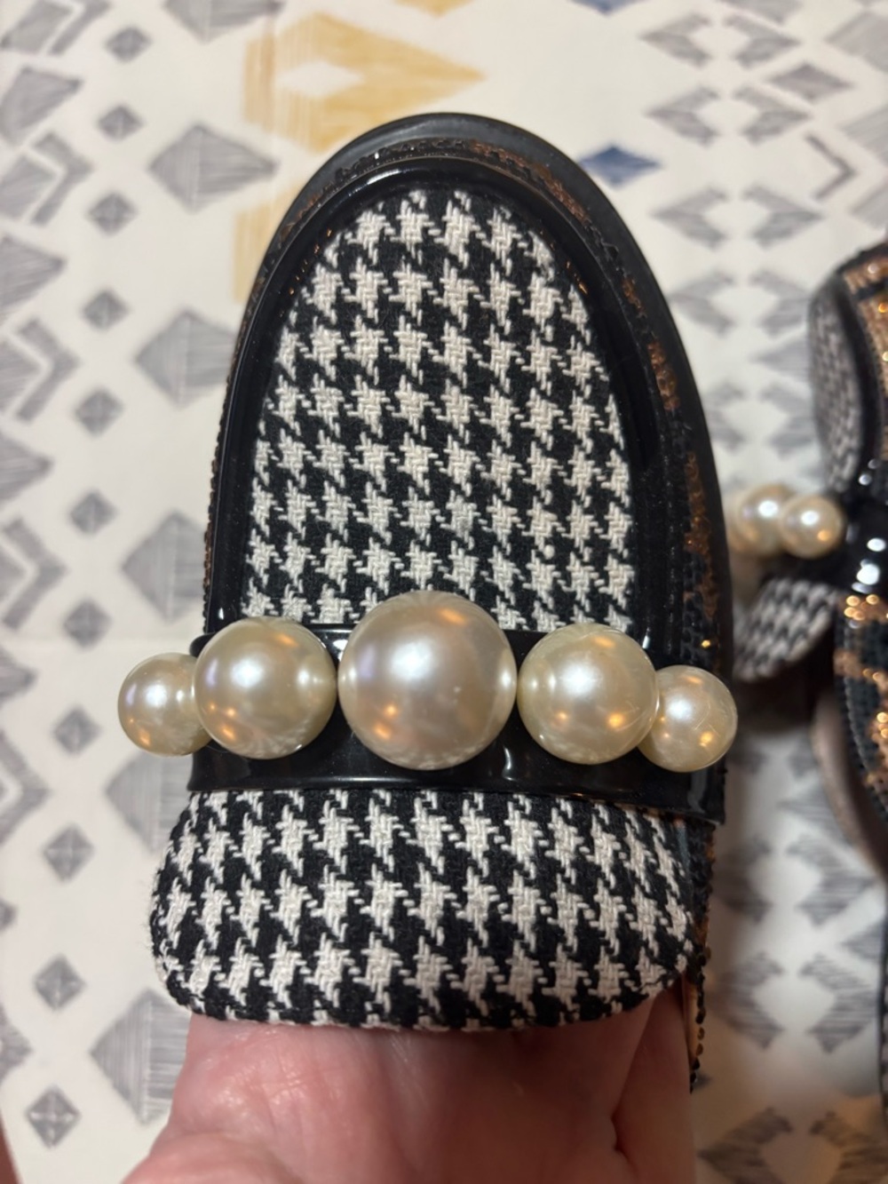 Betsey Johnson Black & White Houndstooth Pearl-Trim Mules. Haizel. - Picture 3 of 5